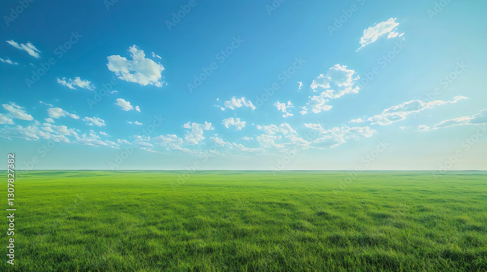 A vast green plain stretching to the horizon under a clear blue sky, with soft shadows from scattered clouds. A vast green plain stretching to the horizon under a clear blue sky, with soft shadows from scattered clouds.