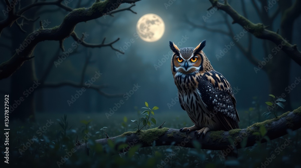 Fototapeta premium Majestic Nocturnal Owl Perched Under Moonlight