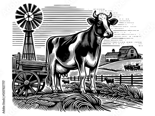 cow standing in a rural farm landscape, featuring a barn, windmill, wooden cart, and grazing cattle in the background engraving generative ai sketch PNG illustration