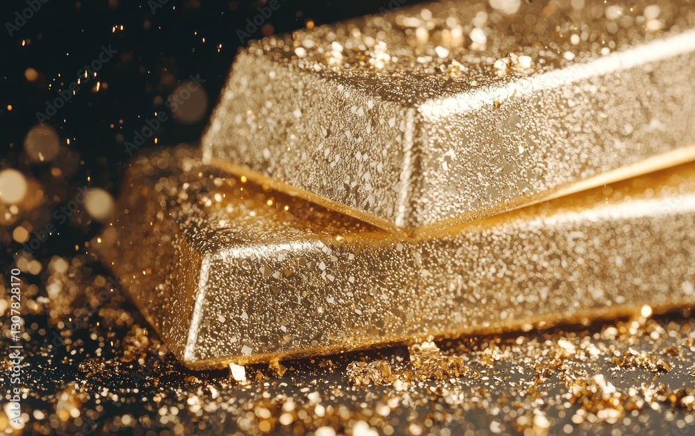 Two gold bars sparkle on dark background with gold glitter. Two gold bars sparkle on dark background with gold glitter.