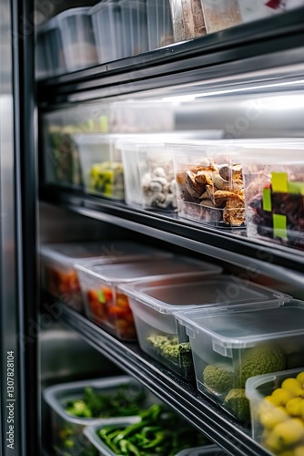 Organized Refrigerator with Transparent Food Storage Containers Filled with Fresh Ingredients