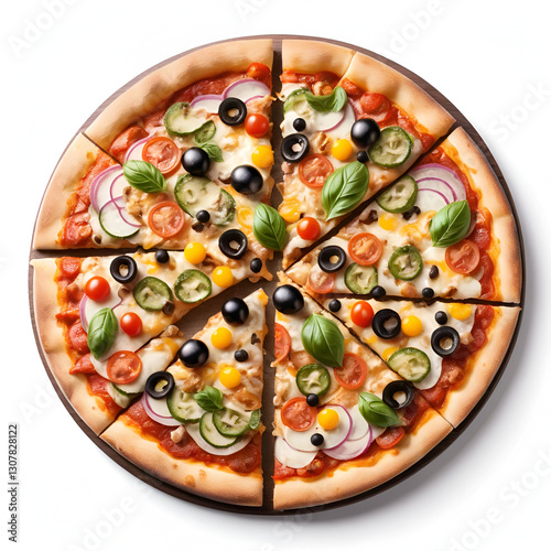 Delicious pizza with toppings, white isolate background