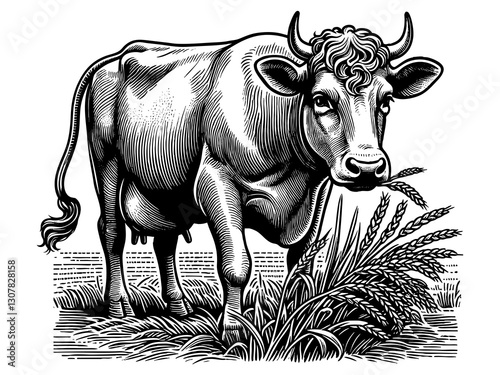 cow standing in a grassy pasture, drawn in an engraving style with detailed shading and texture engraving generative ai sketch PNG illustration