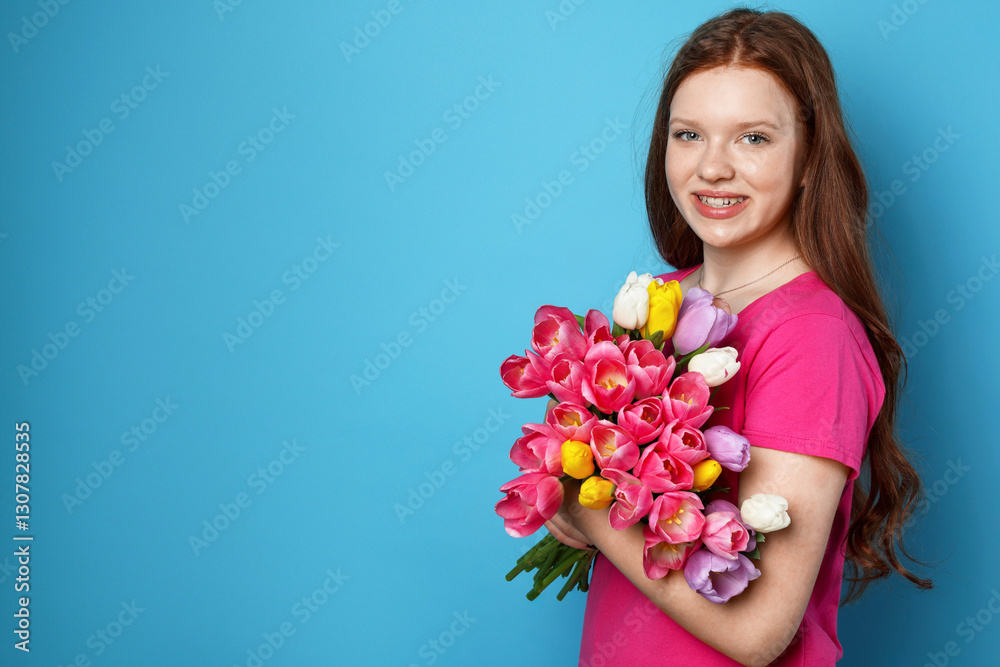 Fototapeta premium Beautiful teenage girl with bouquet of tulips on light blue background, space for text