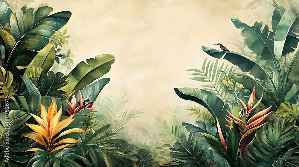 Obraz premium Tropical Foliage with Bird of Paradise Flowers, Tropical foliage with bird of paradise flowers on a beige background