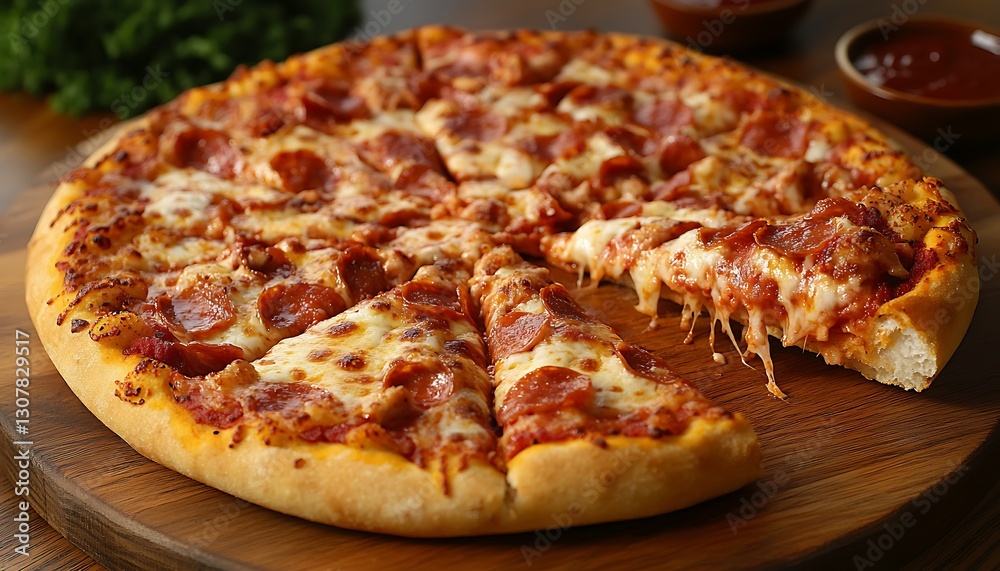 Pizza slice pull on wooden board, cozy background Pizza slice pull on wooden board, cozy background
