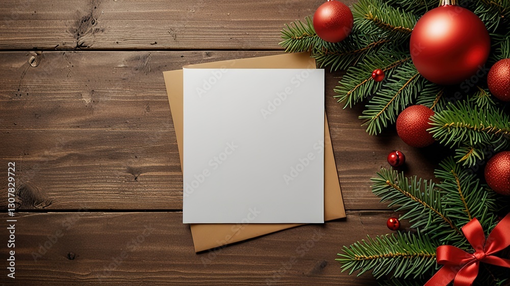 Fototapeta premium Greeting card christmas mockup with fir tree branches on dark wooden background