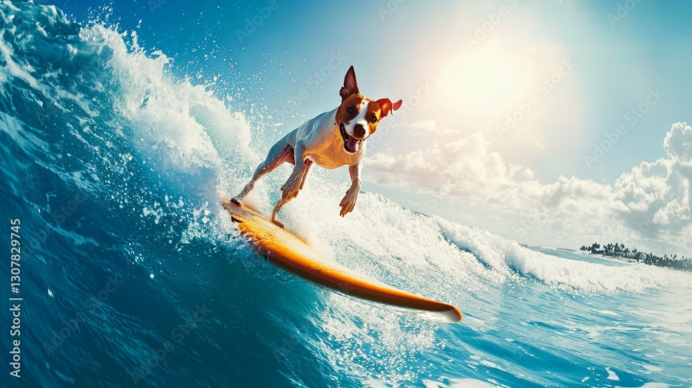 Joyful Dog Surfing: A Vibrant Coastal Scene Joyful Dog Surfing: A Vibrant Coastal Scene