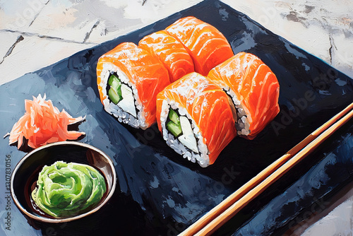 Philadelphia rolls with salmon and cucumber on a black slate plate. Japanese food