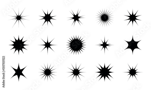 Set pointed Flash. Different types Stars, Explosion. Collection abstract black shapes. Sparkle. Silhouettes of Glitter. Glitter, Shine, rays of sun. Elements of design and decor. Vector illustration