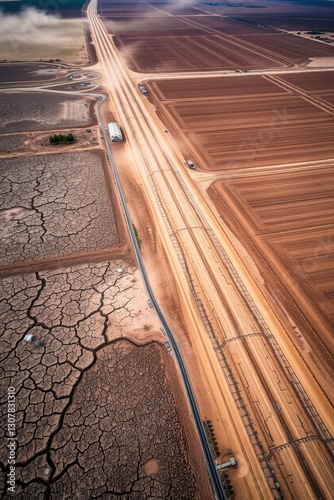 Landscape of arid fields and dusty roads showcasing the struggle against environmental challenges under a vast sky