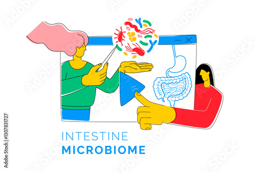 Woman learns online at webinar about gut microbiome. Video in browser with Play button. Gut Health concept focusing on digestive well-being. Vector flat style Illustration