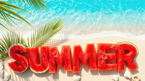 Bright summer vibes along the sandy beach with a refreshing watermelon display and tranquil ocean waves