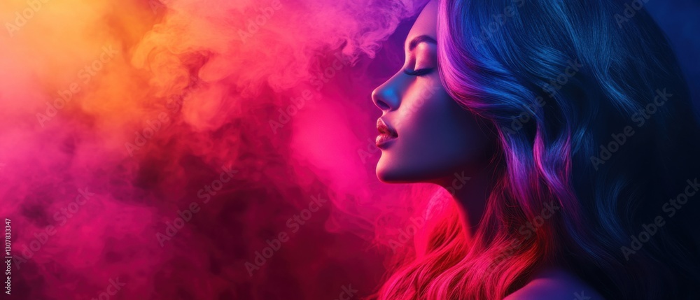 Serene Caucasian woman with colorful hair in profile, eyes closed, surrounded by vibrant smoke Concept of beauty, relaxation, and artistic expression Serene Caucasian woman with colorful hair in profile, eyes closed, surrounded by vibrant smoke Concept of beauty, relaxation, and artistic expression