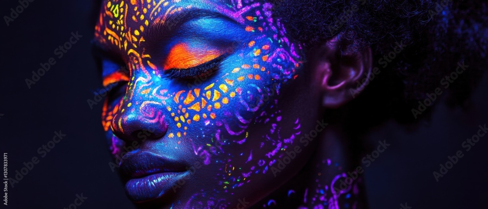 Fototapeta premium Closeup portrait of a serene African American woman with vibrant neon body paint in a dark studio, showcasing beauty and artistic expression