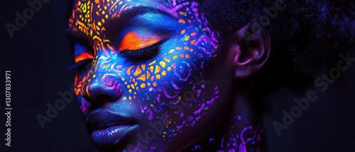 Fototapeta Closeup portrait of a serene African American woman with vibrant neon body paint in a dark studio, showcasing beauty and artistic expression
