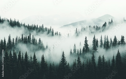 Misty mountain forest landscape with evergreen trees shrouded in fog.