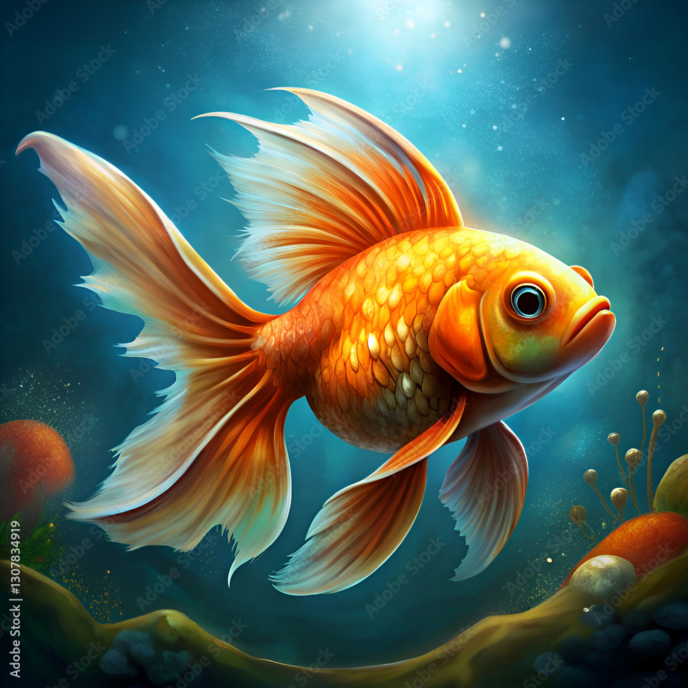 Fototapeta premium Majestic Goldfish in Underwater Paradise. A Digital Painting