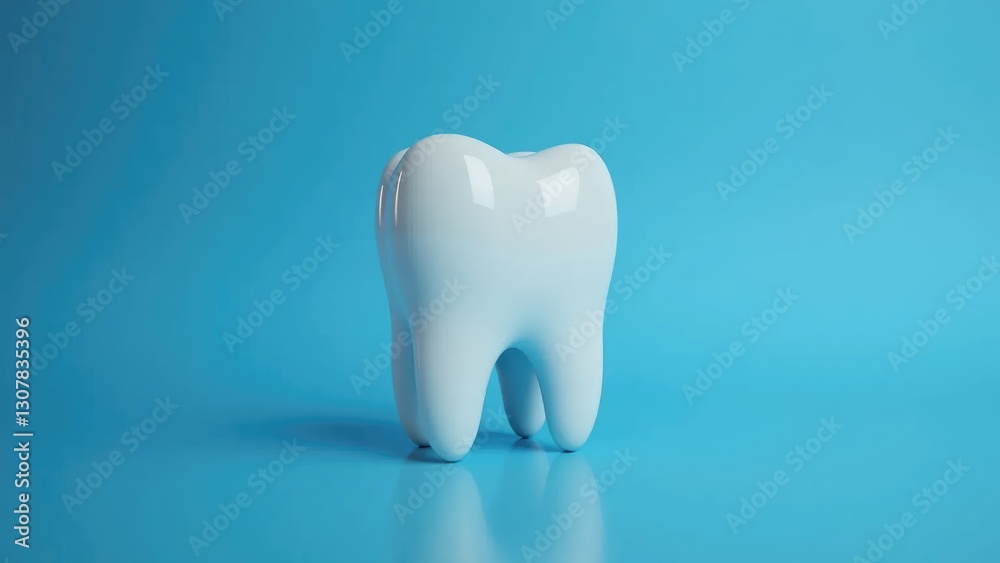 Shiny white tooth on reflective surface with blue gradient background Shiny white tooth on reflective surface with blue gradient background