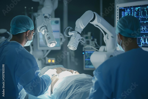 Two surgeons observe high-precision robotic arms performing nanosurgery on a patient in a high-tech hospital. Doctors monitor vitals on the screen during the operation. photo