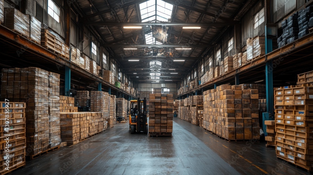 Fototapeta premium Industrial warehouse interior with forklift and stacked boxes.