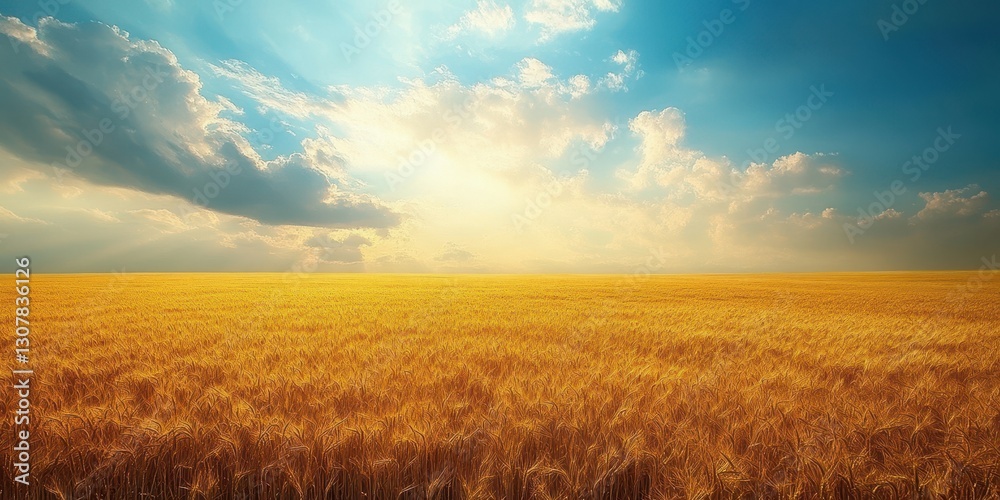 Golden wheat field under a dramatic sky during sunset with vibrant clouds and warm light reflecting over the landscape Golden wheat field under a dramatic sky during sunset with vibrant clouds and warm light reflecting over the landscape