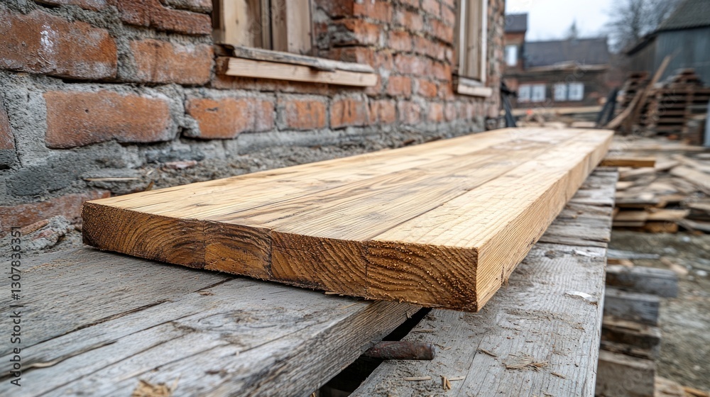 Long, rustic, light-brown wood plank resting on weathered planks near a brick wall during construction.
