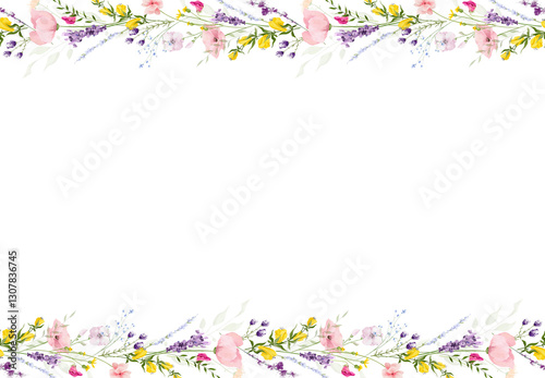 Watercolor floral seamless horizontal border frame. Diverse meadow pastel pink, peach, blue, yellow, violet flowers, green branches. Hand drawn style illustration. Artistic template design.