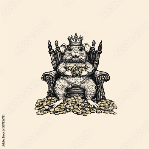 fat rat sitting on throne. coins scattered around him design vector template illustration