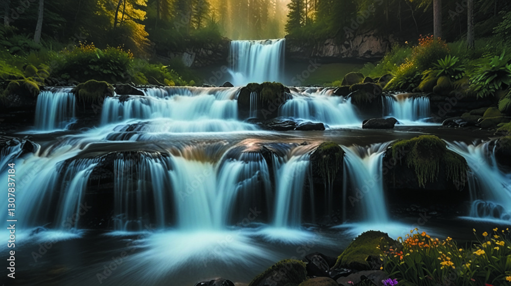 Obraz premium Fairytale forest landscape with multiple waterfalls, lush greenery, flowers near water and soft sunlight streaming through trees