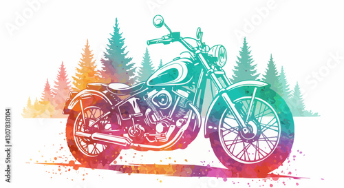 T-shirt design with classic motorcycle standing on forest road. Classic bike in the forest. EPS 10 version.