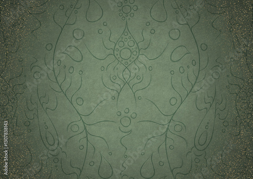 Wallpaper Mural Hand-drawn ornament. Dark green on light warm green background, with vignette of darker background color and splatters of golden glitter. Paper texture. Digital artwork, A4. (pattern: p13-1a) Torontodigital.ca