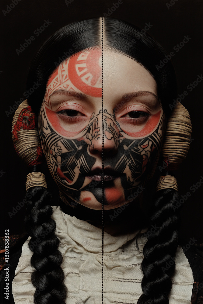 Portrait of a Person with Symmetrical Facial Paint and Braids Portrait of a Person with Symmetrical Facial Paint and Braids