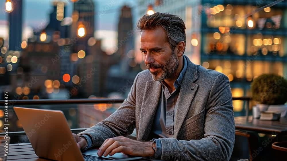Freelancer working on laptop at rooftop coworking space during sunset in a bustling city Freelancer working on laptop at rooftop coworking space during sunset in a bustling city