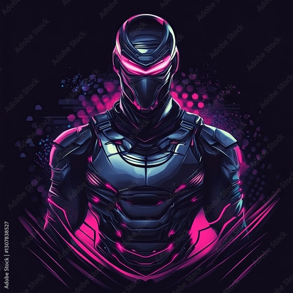 Naklejka premium Cyberpunk Ninja Warrior: Neon Glow Armor Portrait