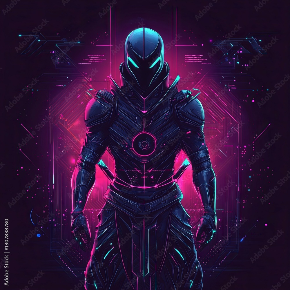 Fototapeta premium Cyberpunk Samurai: Neon Glow and Dark Armor