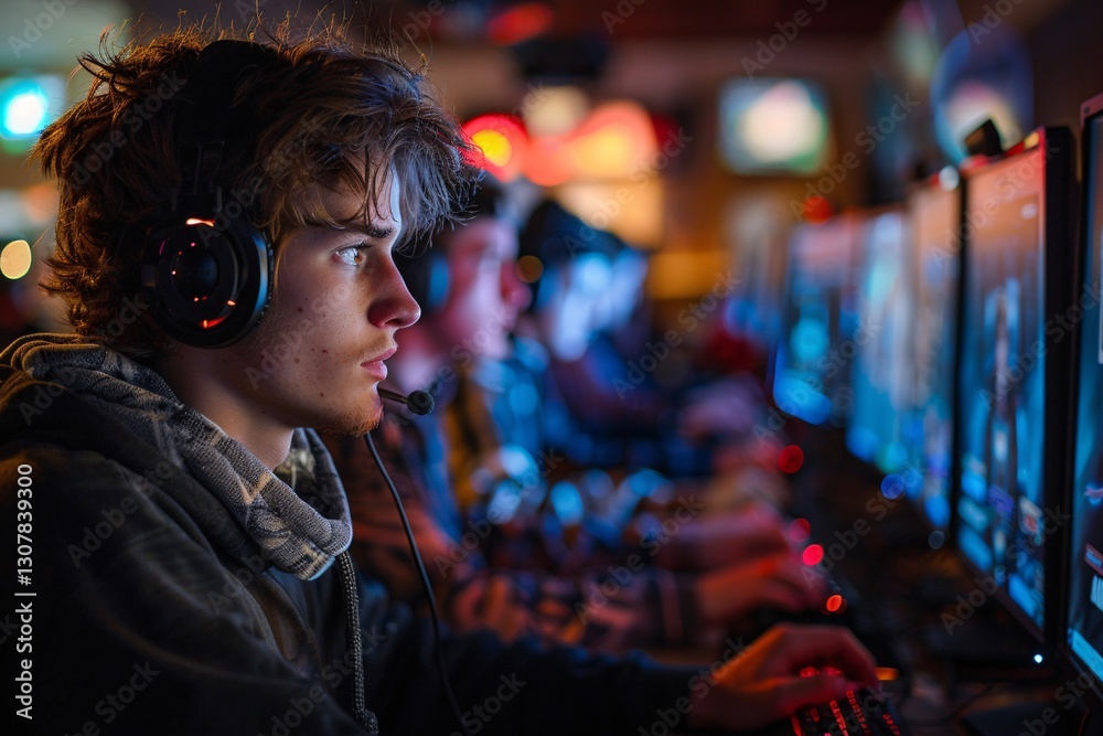 A group of young players compete in an eSports tournament, surrounded by colorful lights and rows of computer screens. Tension fills the air as they focus on their games, headphones on A group of young players compete in an eSports tournament, surrounded by colorful lights and rows of computer screens. Tension fills the air as they focus on their games, headphones on