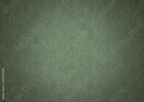 Wallpaper Mural Hand-drawn ornament. Dark green on light warm green background, with vignette of darker background color and splatters of golden glitter. Paper texture. Digital artwork, A4. (pattern: p13-1c) Torontodigital.ca