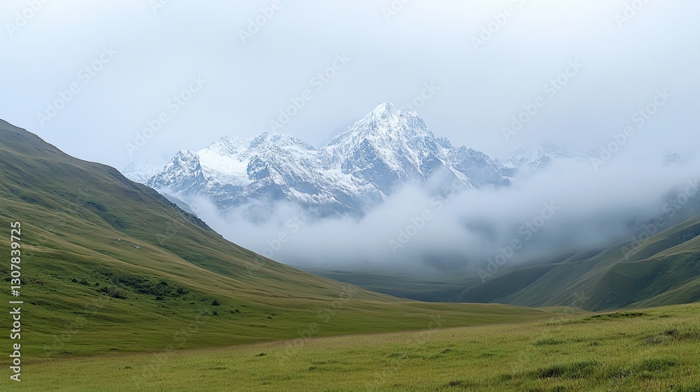 Fototapeta premium Top view of a lush green valley on a summer sunny day. Panoramic view with mountain ranges on the horizon. Nature background. Illustration for cover, card, postcard, interior design, decor or print.