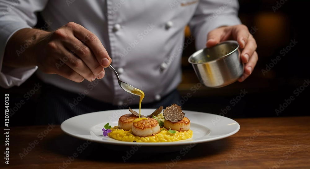 Chef preparing scallops dish with yellow sauce and truffle garnishing Chef preparing scallops dish with yellow sauce and truffle garnishing