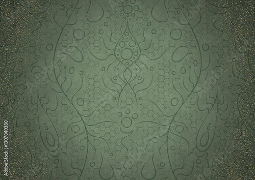 Wallpaper Mural Hand-drawn ornament. Dark green on light warm green background, with vignette of darker background color and splatters of golden glitter. Paper texture. Digital artwork, A4. (pattern: p13-2a) Torontodigital.ca