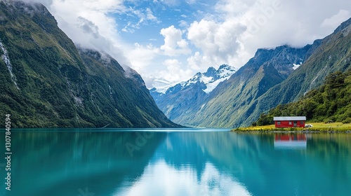 Fototapeta Naklejka Na Ścianę i Meble -  Camper van by tranquil lake new zealand scenic landscape nature serene view travel concept