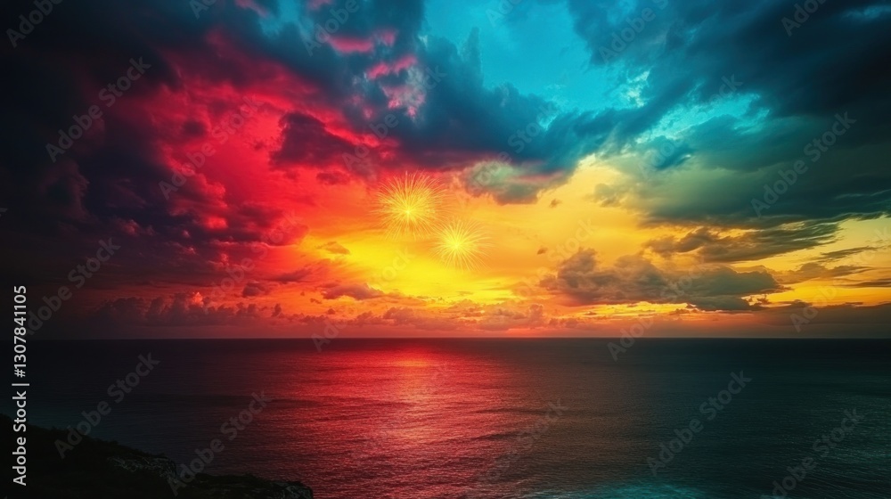 Obraz premium Brazilian Independence Day event with colorful fireworks over the ocean, dramatic sky lit up in shades of red, yellow, and blue, coastal celebration captured from a high angle 