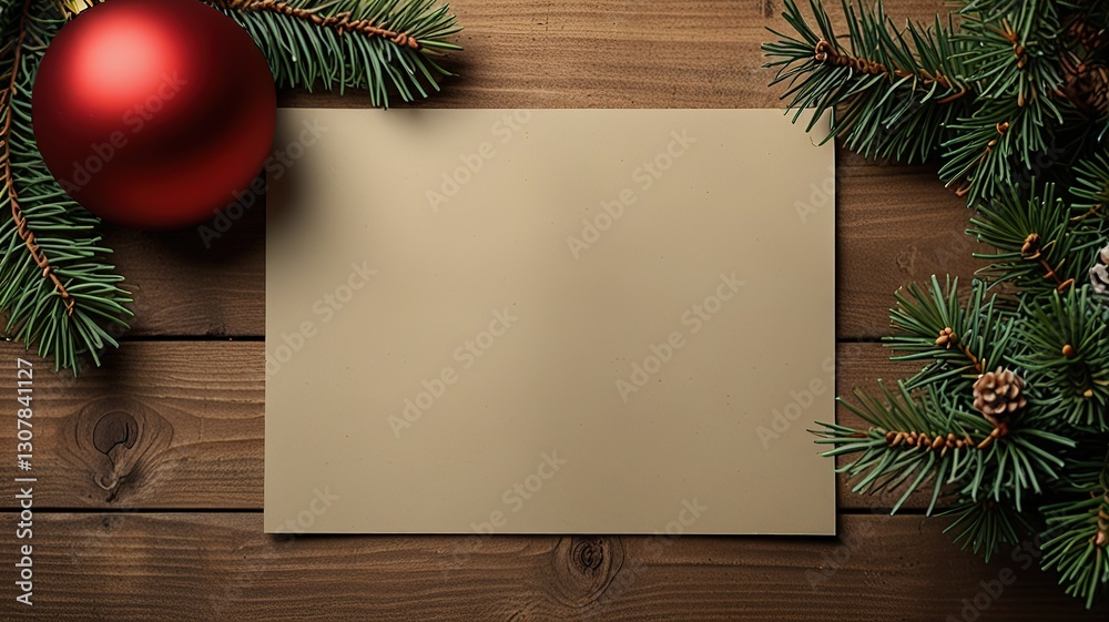 Greeting card christmas mockup with fir tree branches on dark wooden background Greeting card christmas mockup with fir tree branches on dark wooden background