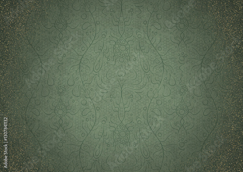 Wallpaper Mural Hand-drawn ornament. Dark green on light warm green background, with vignette of darker background color and splatters of golden glitter. Paper texture. Digital artwork, A4. (pattern: p13-2b) Torontodigital.ca