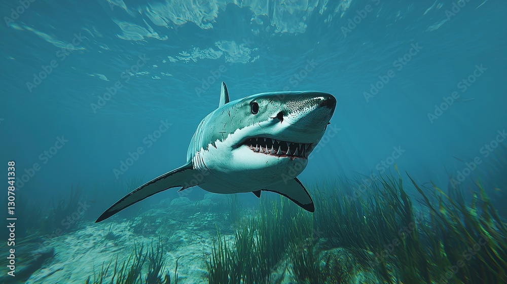 Fototapeta premium Great white shark encounter ocean depths gigapixel detail underwater environment close-up view marine predator study