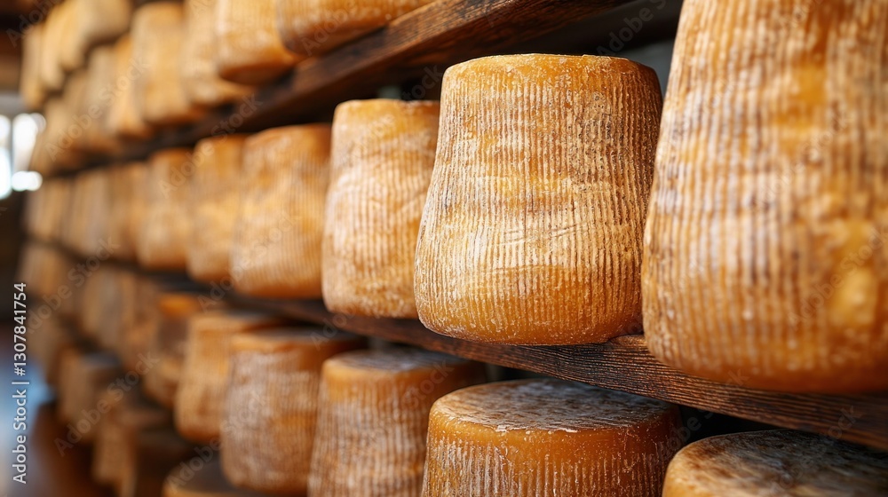 Aging Cheese Wheels on Wooden Shelves in Cellar Aging Cheese Wheels on Wooden Shelves in Cellar