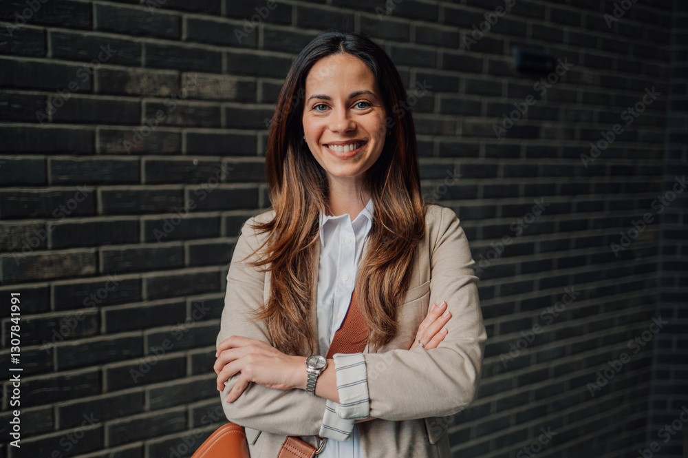 Smiling businesswoman posing with crossed arms in front of brick wall Smiling businesswoman posing with crossed arms in front of brick wall