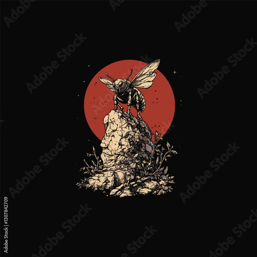 Mighty bee knight stands on a rock with a red moon in the background design vector template illustration