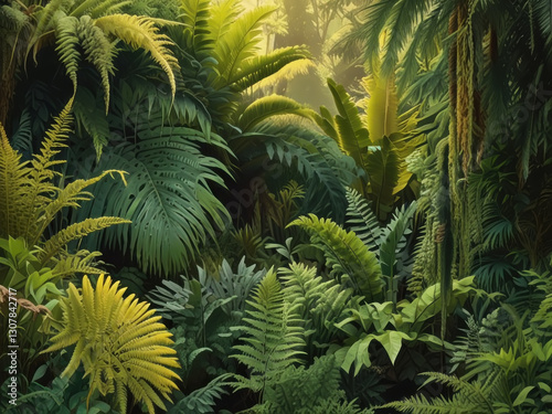 Dense forest with prehistoric plants. Giant ferns.